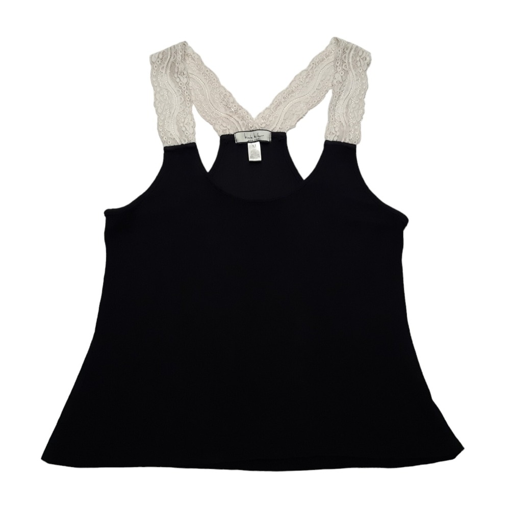 Nicole Miller New York Tank Top Womens Medium Black Y2K‎ Lace Ribbed Racerback